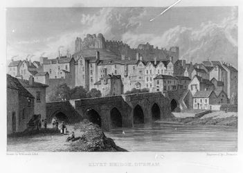 Elvet Bridge, Durham, graverad av ? Frances efter W. Westall, 1829
