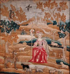Broderad panel som föreställer en herdinna framför en by (silke)