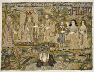 Broderad bild: "The Proclamation of Salomon", mitten av 1600-talet