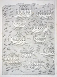 Fiender till assyrierna som tar sin tillflykt till fartyg, skylt 71 från Nineveh and its Remains av Austen Henry Layard (1817-94) publicerad 1849