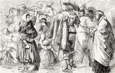 Engelska protestanter drunknas av irländska katoliker under det irländska upproret 1641, ca 1865 (trästick)