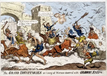 Engelsk tecknad serie om Napoleonarméns ankomst till Warszawa under snö efter den ryska reträtten i december 1812.