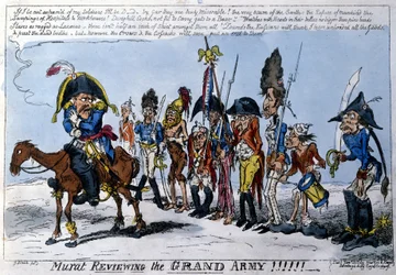 Engelsk tecknad serie som föreställer Joachim Murat (1767 - 1815), marechal av imperiet i spetsen för Great Armee. januari 1813.