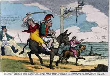Engelsk tecknad film om kejsar Napoleon I:s exil föreställer på en åsna på väg till ön Elba. 04/1814.