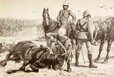 Engelskt kavalleri vattnade sina hästar under Mahdistkriget, Sudan på 1880-talet (litho)