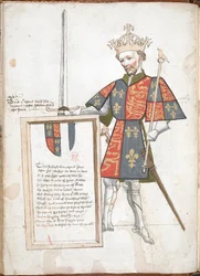 Engelsk kung i rustning och tabard (Richard II), överlämnar en plakett med verser.