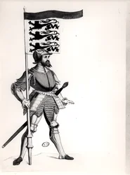 Engelsk soldat som håller en standard med de tre lejonen i England