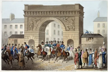 Engelsmän och allierade intog Paris i "Historical, military and naval anecdotes and incidents that arrived at the arms of Great Britain and their allies, ending in Waterloo" av Edward Orme. Ill. av Fry, Sutherland, Clark, Dubourg, W.Heart, JA, Atkinso