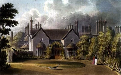 Entréfasaden till Hans Majestäts stuga, Windsor Great Park, från R. Ackermanns (1764-1834) "Repository of Arts".