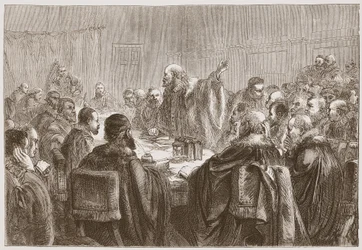 Episcopius tilltalar medlemmarna av synoden i Dort, illustration från The History of Protestantism av James Aitken Wylie (1808-1890), pub. 1878