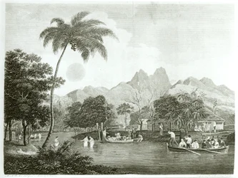 Europeiska missionärer i en by på Tahiti, från en missionsresa till södra Stilla havet utförd under åren 1796-98 i Ship Duff, publicerad 1799