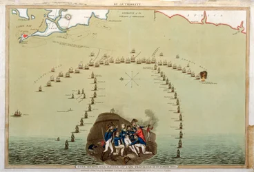 Ever Memorable Battle off Cape Trafalgar, 21 oktober 1805, publicerad av Laurie & Whittle, 12 december 1805 (färgad akvatint)