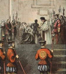 Avrättning av Mary, Queen of Scots, pub. 1890 (färglitografi)