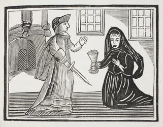 Fair Rosamond blir förgiftad av drottning Eleanor, illustration från Chap-books of the Arteenth Century av John Ashton, pub. 1882