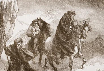 Farel och hans följeslagare som reser över Alperna, illustration från The History of Protestantism av James Aitken Wylie (1808-1890), pub. 1878