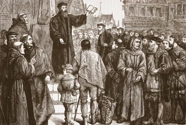 Farel predikar på marknadsplatsen i Neuchatel, illustration från The History of Protestantism av James Aitken Wylie (1808-1890), pub. 1878