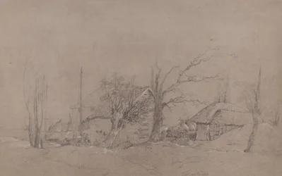 Gårdsbyggnader vid en flodstrand, ca 1840