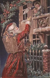 Jultomten vinkar till en mor och ett barn