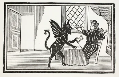 Faustus varnade av Anden att förvänta sig hans slut, illustration från Chap-books of the Eighteenth Century av John Ashton, pub. 1882