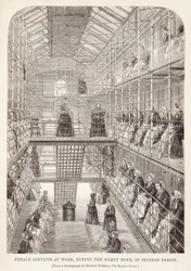 Kvinnliga straffångar på jobbet under den tysta timmen i Brixton Prison, från The Criminal Prisons of London och Scenes of Prison Life av Henry Mayhew (1812-87) och John Binny, 1860