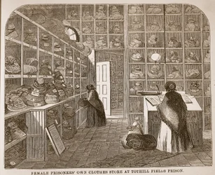 Kvinnliga fångar äger klädbutik i Tothill Fields Prison, illustration från The Criminal Prisons of London och Scenes from Prison Life av Henry Mayhew och John Binny, pub. 1862