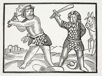 Ferragus reser en mäktig armé och belägrar staden Acquitain, illustration från Chap-books of the Eighteenth Century av John Ashton, pub. 1882