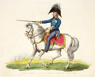 Fältmarskalk von Blucher, Prins av Wagstadt, pub. av Richard Evans, engr Romney, illustration från An Historical Account of the Battle of Waterloo av William Mudford, 1816