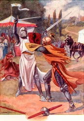 Fighting Knights in Armour. Färgad illustration från boken The Gateway to Tennyson publicerad 1910.