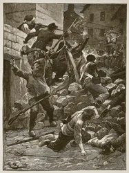 Slåss vid barrikaderna i Paris, illustration från Cassells Illustrated History of England (sepiafoto)