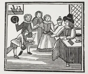 Fitzwarren tar emot sina tjänares satsningar, illustration från Chap-books of the Eighteenth Century av John Ashton, pub. 1882