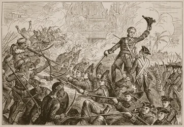 Fletchers försvar av redutten vid Tanjore, illustration från Cassells Illustrated History of India av James Grant, pub. 1879