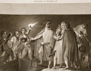 Flight of James 2nd, illustration från David Humes The History of England, pub. av R. Bowyer, London, 1812