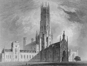 Fonthill Abbey från nordväst, från Graphic and Literary Illustrations of Fonthill Abbey av John Britton, 1823