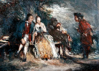 Fyra figurer, två av dem älskare, i samtal, ca 1800 (olja ombord)