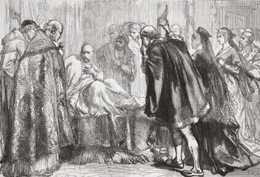 Francis I på sin dödsbädd, illustration från The History of Protestantism av James Aitken Wylie (1808-1890), pub. 1878