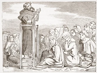 Friar predikar från en rörlig predikstol, illustration från The History of Protestantism av James Aitken Wylie (1808-1890), pub. 1878