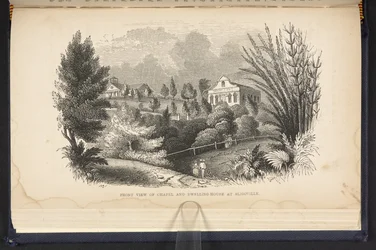 Framifrån av kapellet och boningshuset i Sligoville (gravyr)