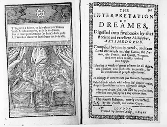 Frontispice och titelsida till The Interpretation of Dreams av Artemidorus, engelsk upplaga publicerad 1644