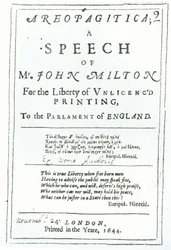 Frontispice av Areopagitica, ett tal av John Milton (1608-74) pub. år 1644
