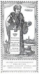 Frontispice av Johannes Gutenberg från A Concise History of the Origin and Progress of Printing av Philip Luckombe, publicerad 1770