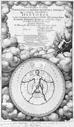 Frontispice of Utriusque Cosmi Historia av Robert Fludd (1574-1637) volym I, utgiven av Oppenheim 1617