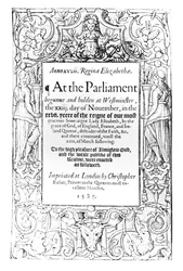 Frontispice till en redogörelse för drottning Elizabeths parlament som hölls mellan 23 november 1584 och 24 mars 1585, tryckt av Christopher Barker, 1585