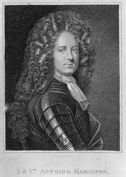 Frontispice till "Memoirs of Count Grammont" med ett porträtt av författaren Antoine Hamilton, graverat av William Nelson Gardiner, engelsk utgåva, 1809.