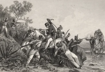Flyende brittiska officerare och deras familjer attackeras av myterister, från "The History of the Indian Mutiny", publicerad 1858 (gravyr)