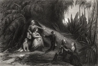 Flyktande officerare med sina familjer gömmer sig i lila, från "The History of the Indian Mytery" publicerad 1858
