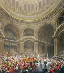 Arthur Wellesleys begravning (1769-1852) hertig av Wellington i St. Pauls Cathedral, graverad av J. Thomson och E.J. Parris, 1852