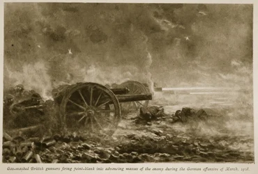 Gasmaskerade brittiska skyttar som sköt rakt in i framryckande fiendens massor under den tyska offensiven i mars 1918, 1918-19