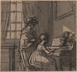 Girl at a clavichord, c.1800 (penna & tvätt på papper)