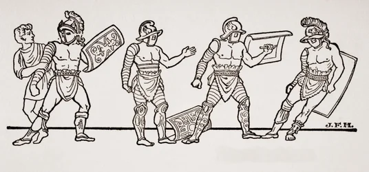 Gladiatorer, från en väggmålning i Pompeji, illustration från The Outline of History av H.G. Wells, Volym I, publicerad 1820