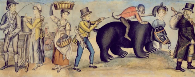 Gå till mässan, detalj av en uppträdande björn och apa, c.1815